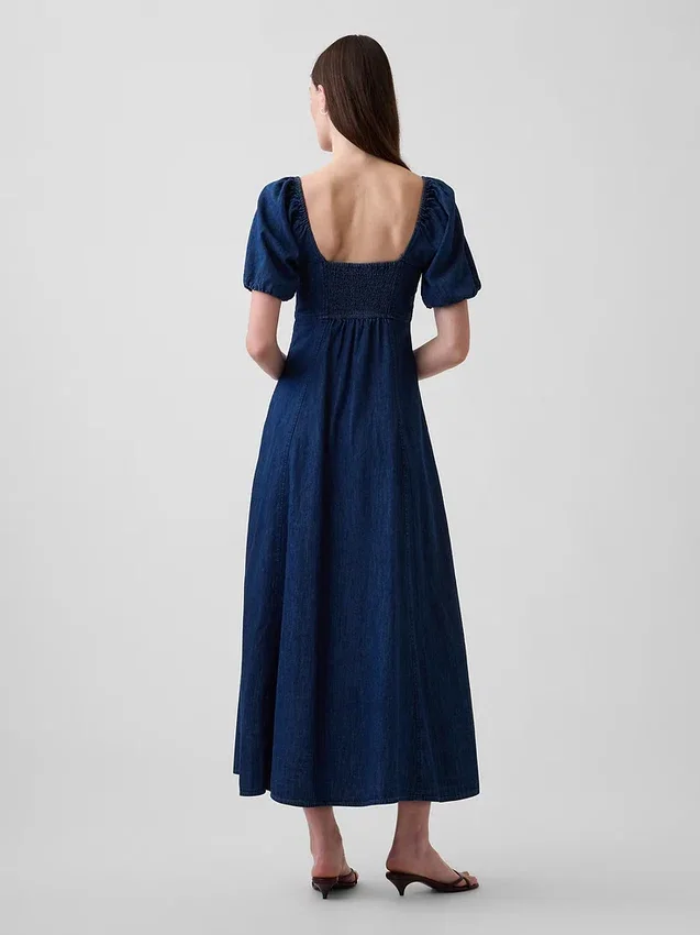 Maxikleid aus Denim mit Puffärmeln und Knopfleiste vorne