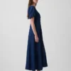 Maxikleid aus Denim mit Puffärmeln und Knopfleiste vorne