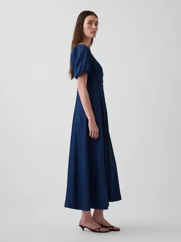 Maxikleid aus Denim mit Puffärmeln und Knopfleiste vorne