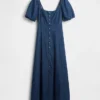 Maxikleid aus Denim mit Puffärmeln und Knopfleiste vorne