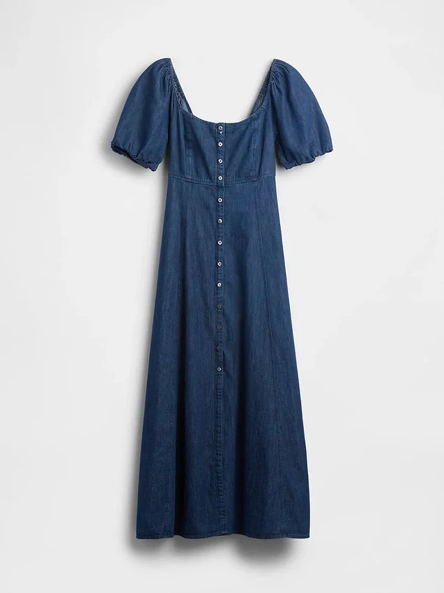Maxikleid aus Denim mit Puffärmeln und Knopfleiste vorne