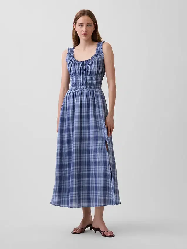 Maxikleid aus kariertem Voile mit gesmokter Taille