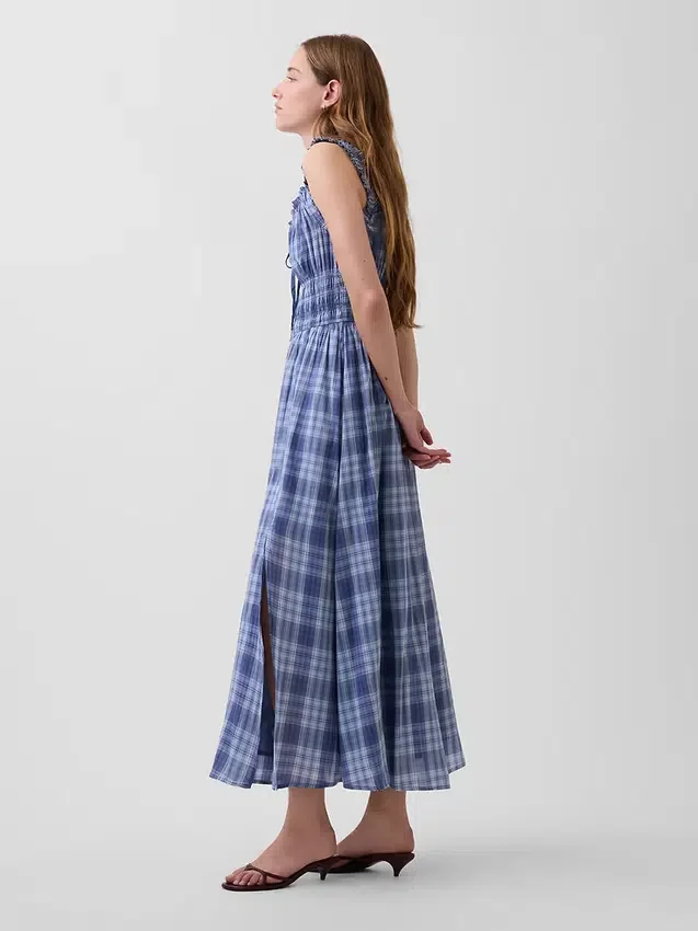 Maxikleid aus kariertem Voile mit gesmokter Taille