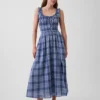 Maxikleid aus kariertem Voile mit gesmokter Taille