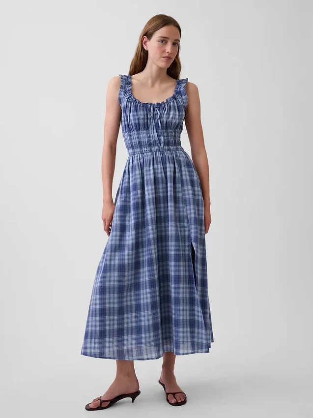 Maxikleid aus kariertem Voile mit gesmokter Taille