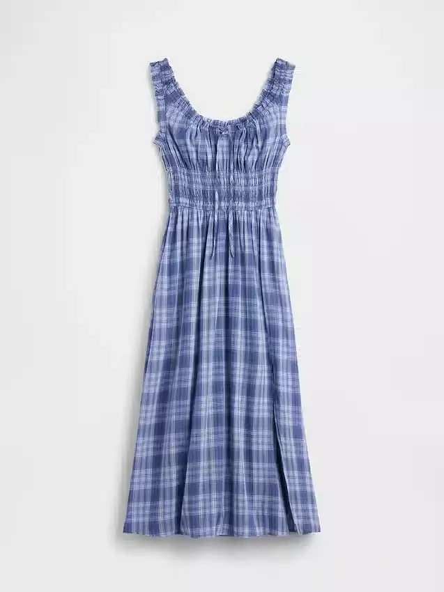 Maxikleid aus kariertem Voile mit gesmokter Taille