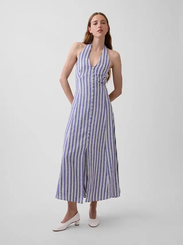 Maxikleid aus Leinenmischung mit Neckholder