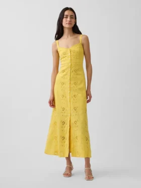 Maxikleid aus Leinenmischung mit Stickerei