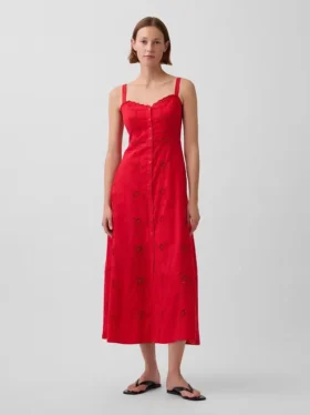 Maxikleid aus Leinenmischung mit Stickerei