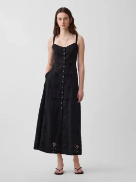 Maxikleid aus Leinenmischung mit Stickerei