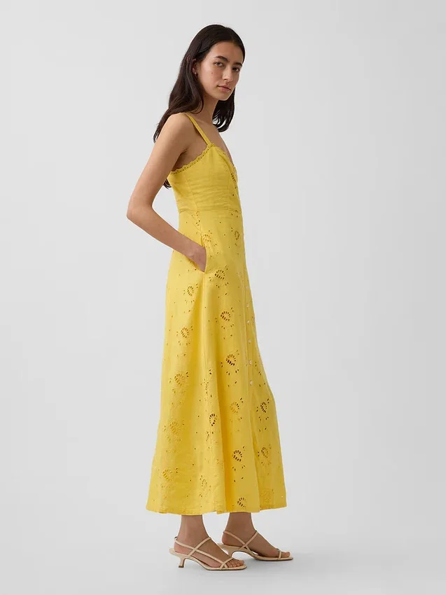 Maxikleid aus Leinenmischung mit Stickerei