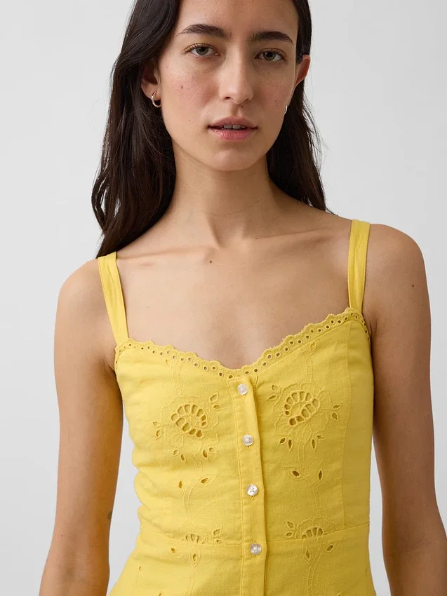 Maxikleid aus Leinenmischung mit Stickerei