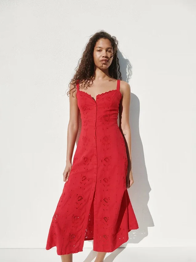 Maxikleid aus Leinenmischung mit Stickerei