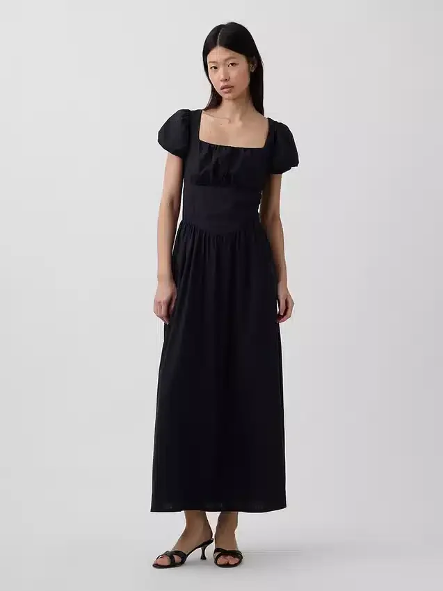 Maxikleid aus Leinenmischung mit tief sitzender Taille