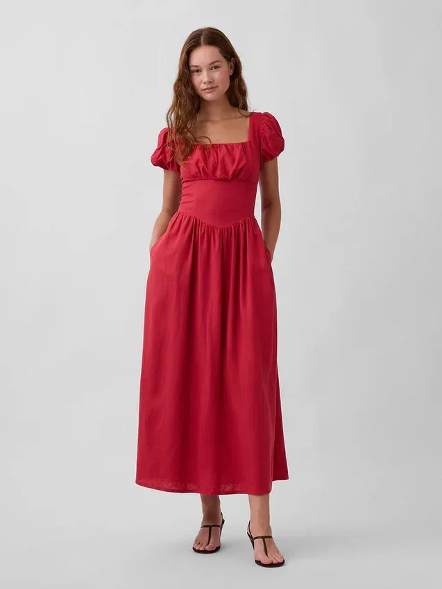 Maxikleid aus Leinenmischung mit tief sitzender Taille