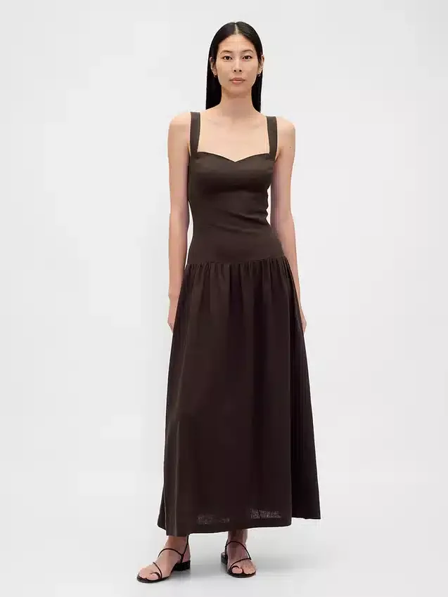 Maxikleid aus Leinenmischung mit tief sitzender Taille und Korsett