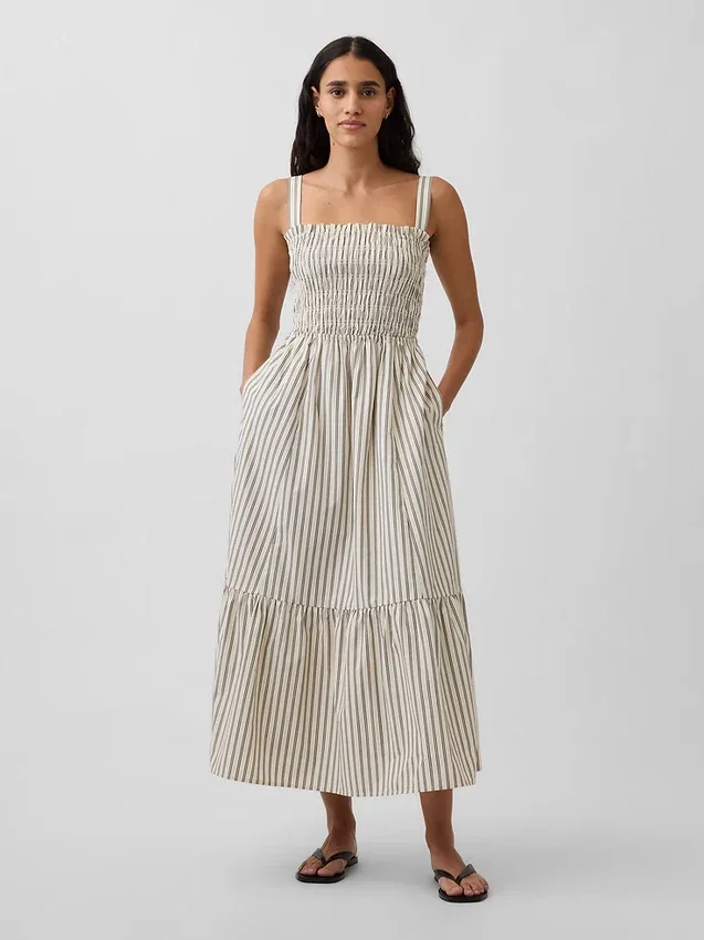 Maxikleid aus Popeline mit gesmoktem Oberteil