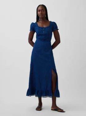 Maxikleid mit bestickten Puffärmeln