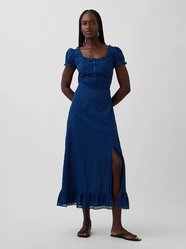 Maxikleid mit bestickten Puffärmeln