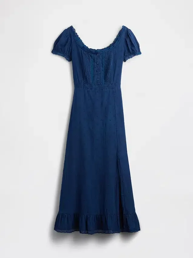Maxikleid mit bestickten Puffärmeln