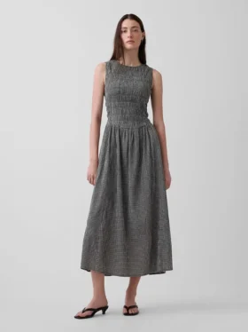 Maxikleid mit Gingham-Muster und Smok-Detail an der tief sitzenden Taille