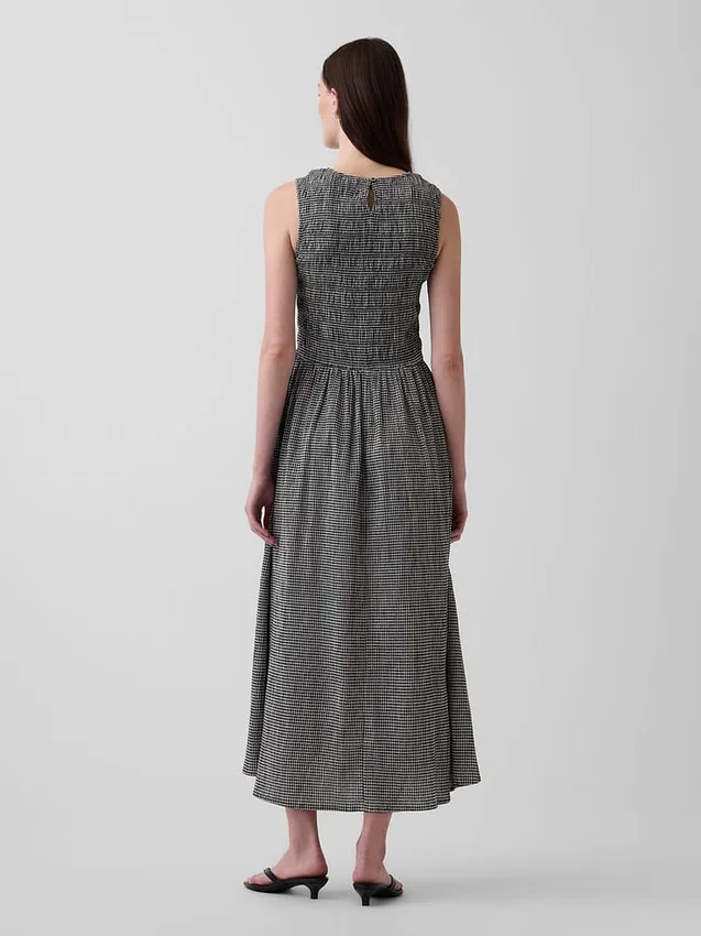 Maxikleid mit Gingham-Muster und Smok-Detail an der tief sitzenden Taille