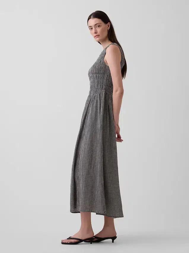 Maxikleid mit Gingham-Muster und Smok-Detail an der tief sitzenden Taille