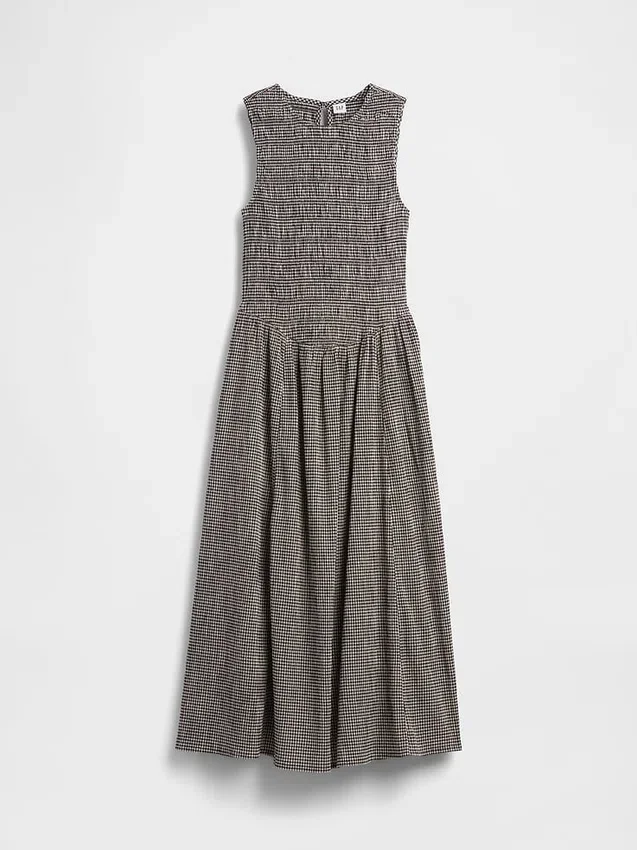 Maxikleid mit Gingham-Muster und Smok-Detail an der tief sitzenden Taille