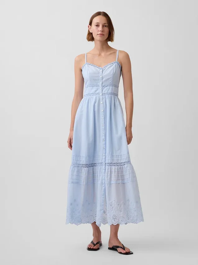 Maxikleid mit Knopfleiste und Spitzenbesatz
