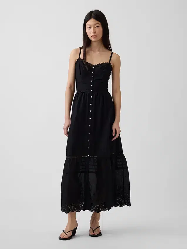 Maxikleid mit Knopfleiste und Spitzenbesatz