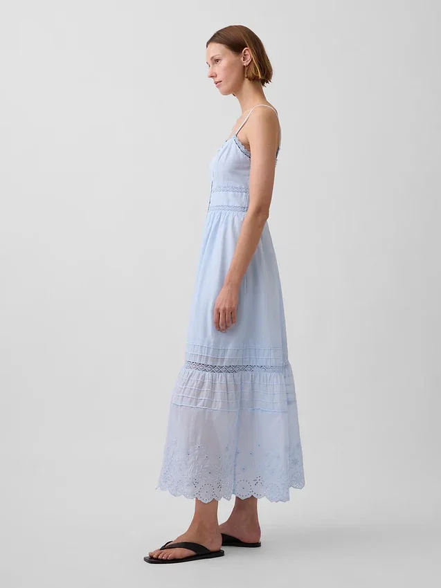 Maxikleid mit Knopfleiste und Spitzenbesatz