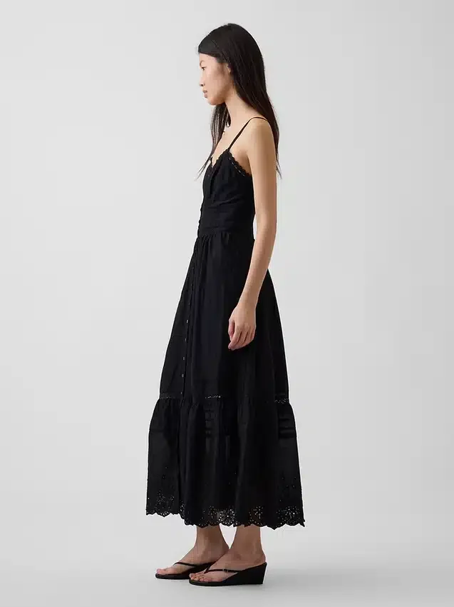 Maxikleid mit Knopfleiste und Spitzenbesatz