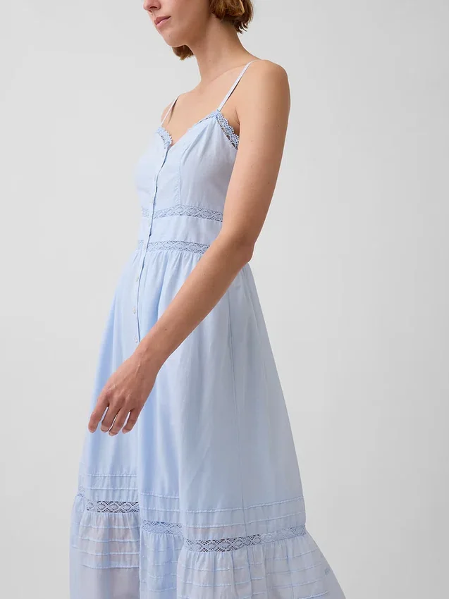 Maxikleid mit Knopfleiste und Spitzenbesatz