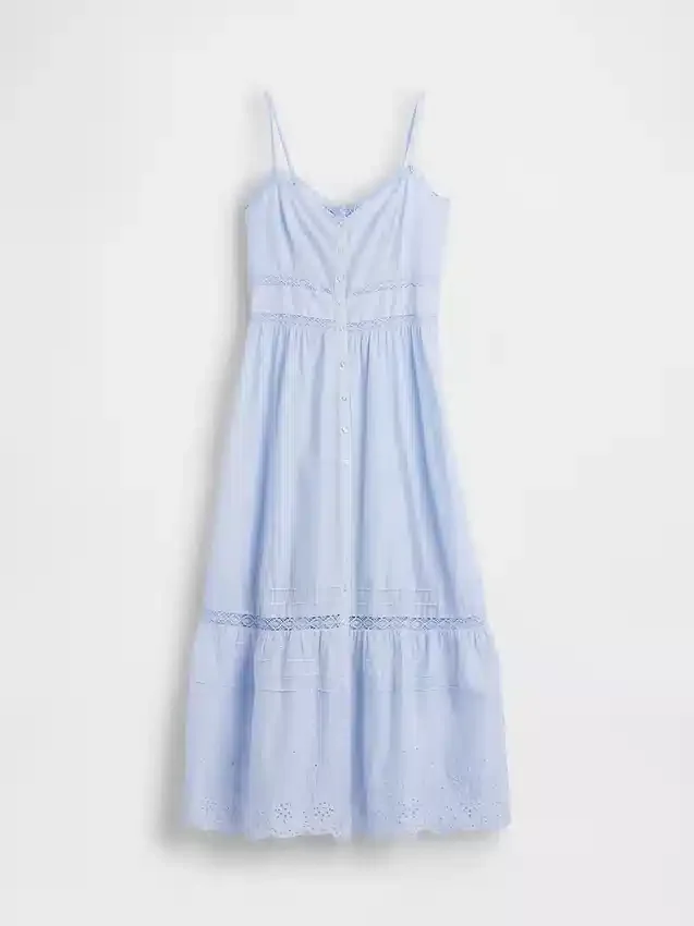 Maxikleid mit Knopfleiste und Spitzenbesatz