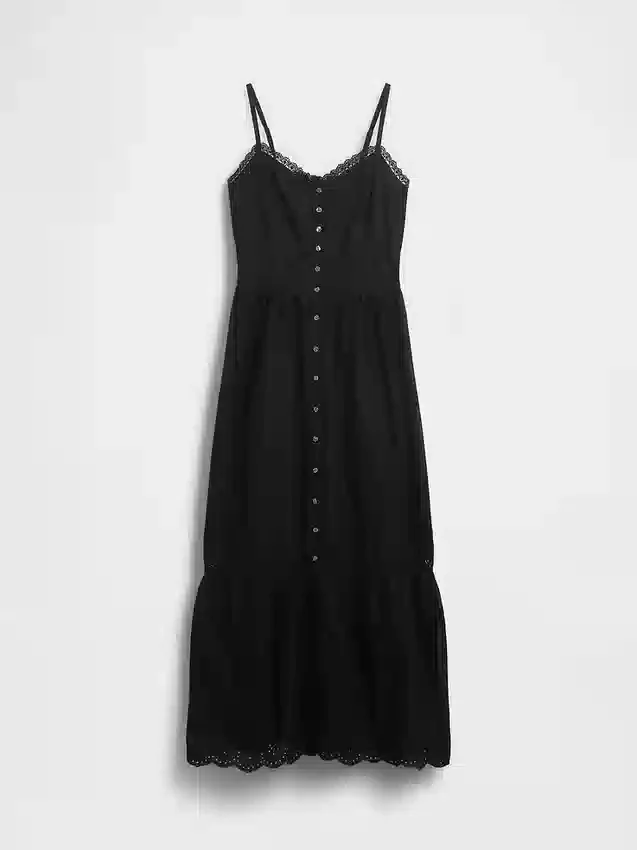 Maxikleid mit Knopfleiste und Spitzenbesatz