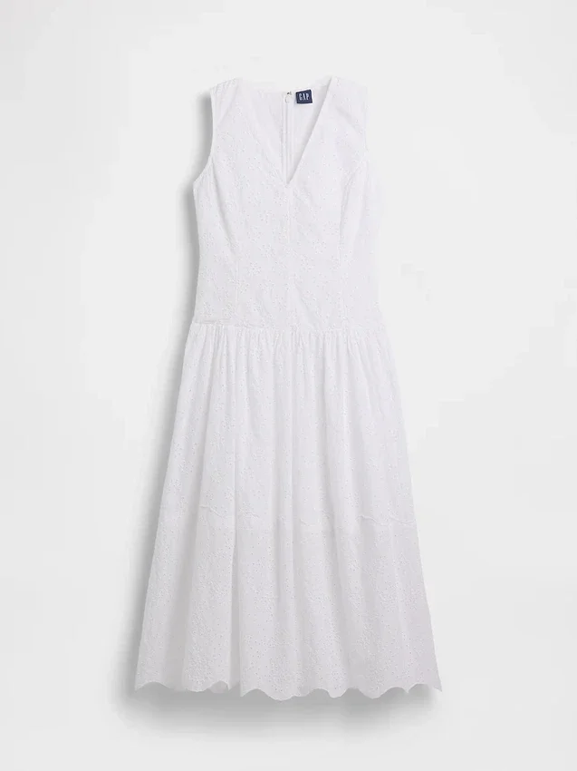 Maxikleid mit Lochstickerei und tiefem Taillenbund