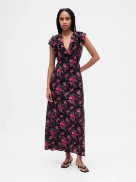 Maxikleid mit Rüschen und V-Ausschnitt