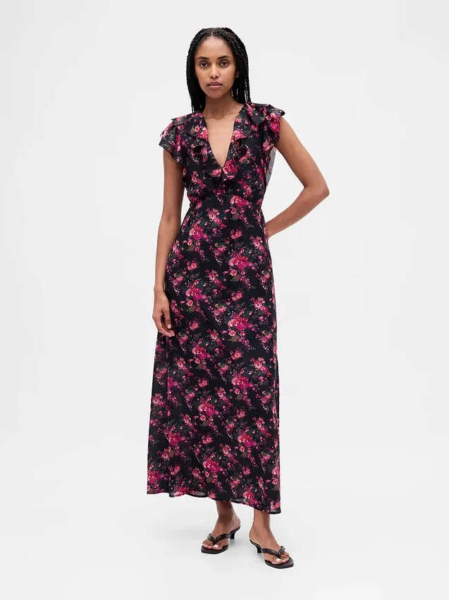 Maxikleid mit Rüschen und V-Ausschnitt