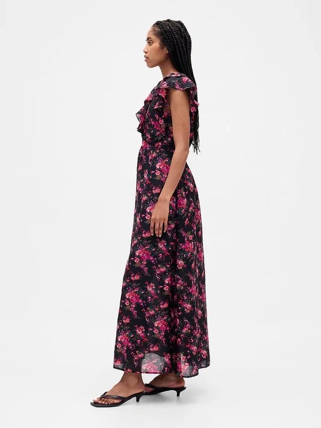 Maxikleid mit Rüschen und V-Ausschnitt