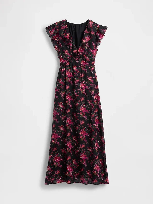 Maxikleid mit Rüschen und V-Ausschnitt