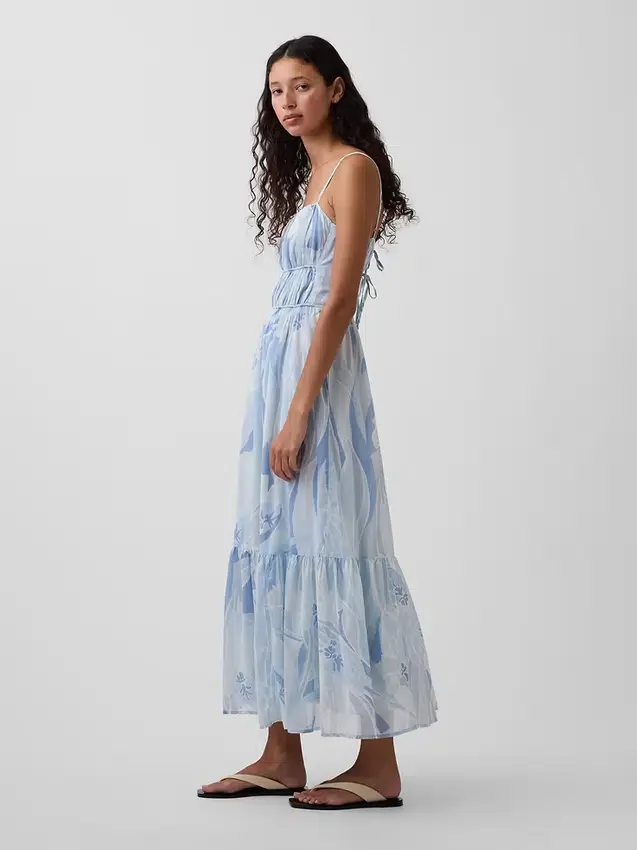 Maxikleid mit Stufenschnitt und Bindeband am Rücken