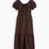 Maxikleid mit U-Ausschnitt, Spitzenbesatz und Stufenschnitt