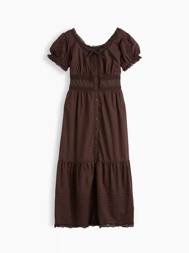 Maxikleid mit U-Ausschnitt, Spitzenbesatz und Stufenschnitt