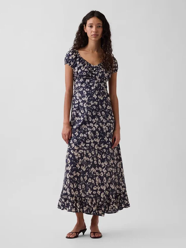 Maxikleid mit V-Ausschnitt und Rüschen am Saum