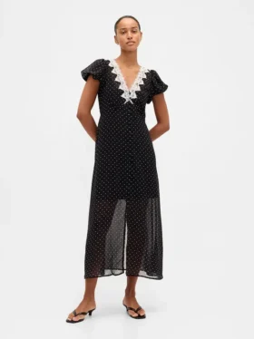 Maxikleid mit V-Ausschnitt und Spitzenbesatz