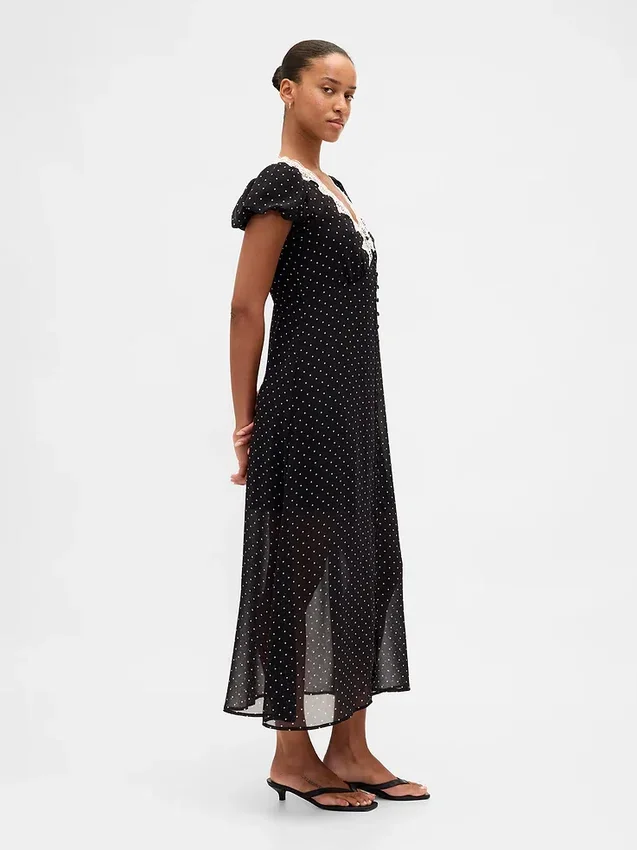 Maxikleid mit V-Ausschnitt und Spitzenbesatz