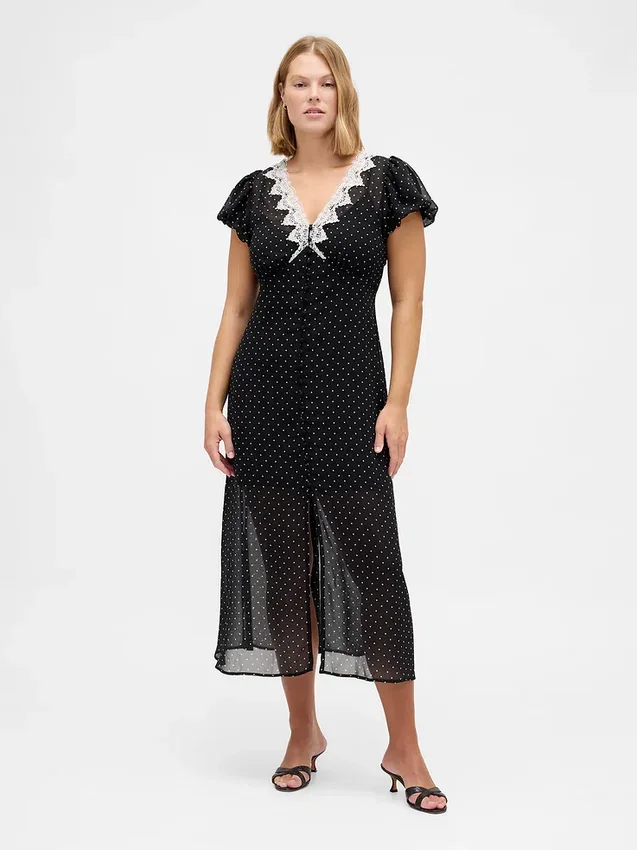 Maxikleid mit V-Ausschnitt und Spitzenbesatz