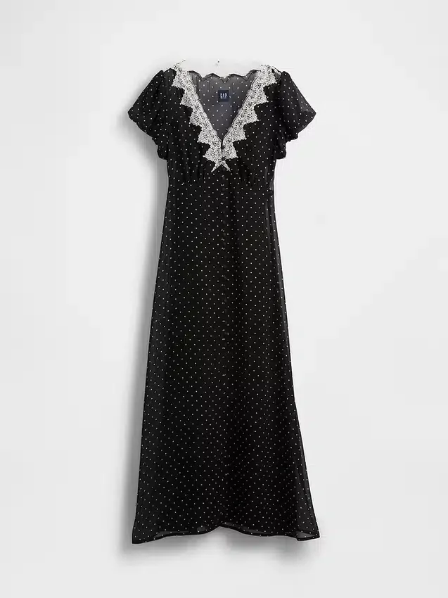 Maxikleid mit V-Ausschnitt und Spitzenbesatz