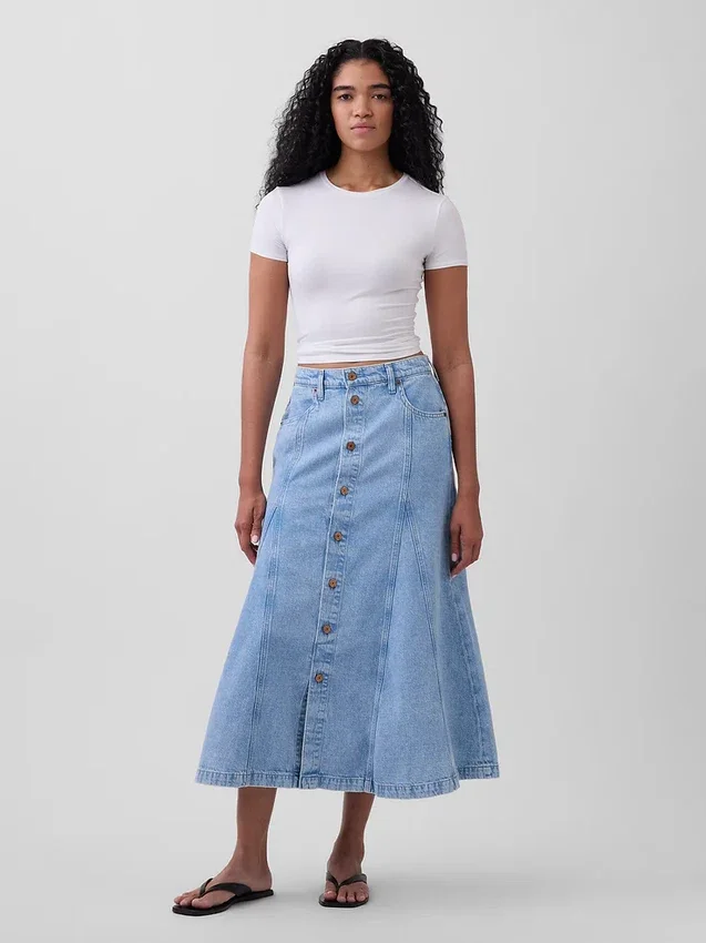 Maxirock aus Denim mit Naht und Knopfleiste