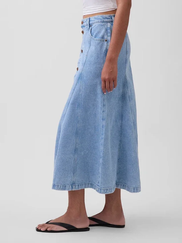 Maxirock aus Denim mit Naht und Knopfleiste